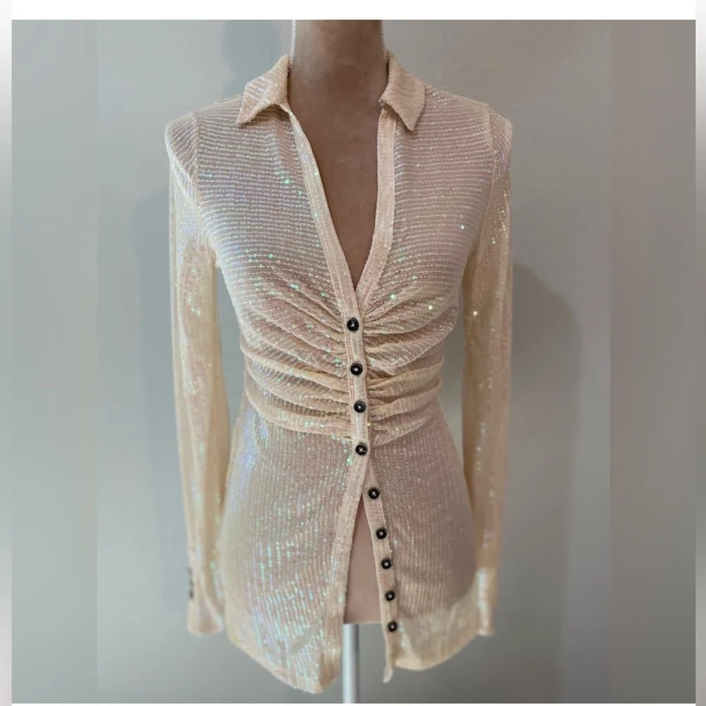 NWT Free People Ivory Sequin Button-Down Blouse - Picture 2 of 7